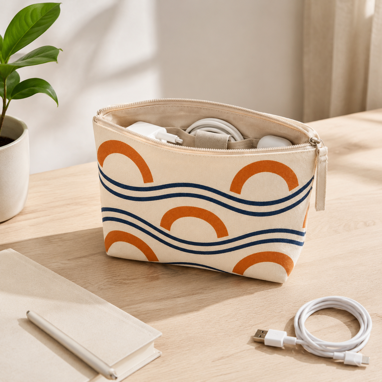 Pochette zippée en coton 22 x 15 x 6 cm - Motif Rivage