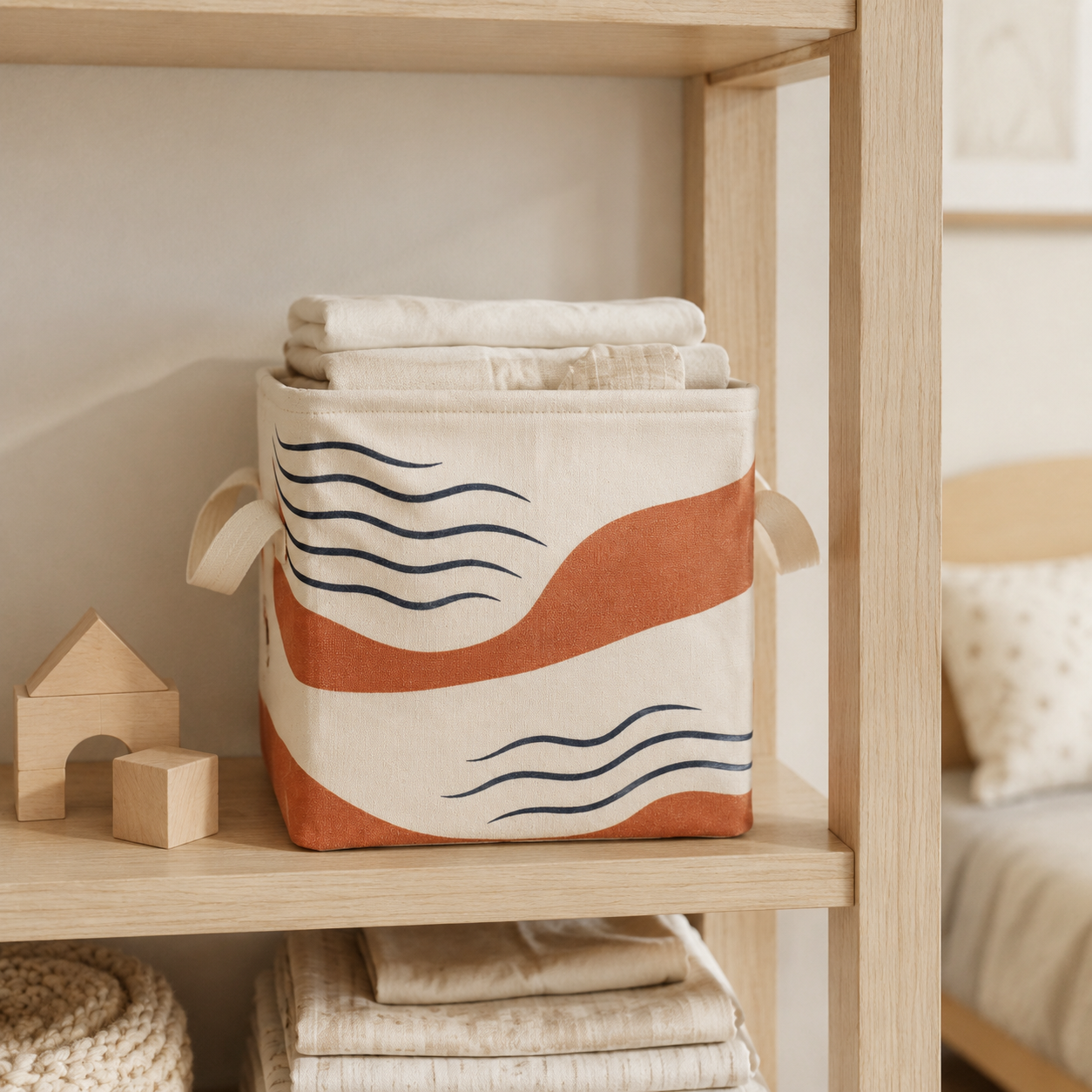 Panier de rangement textile pliable 30 x 30 x 30 cm - Motif Rivage