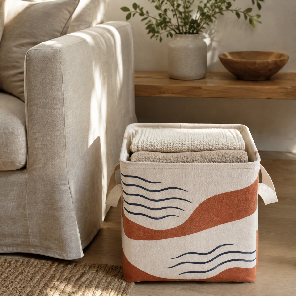 Panier de rangement textile pliable 30 x 30 x 30 cm - Motif Rivage