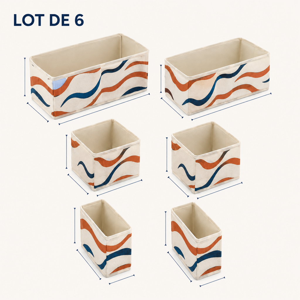 Organisateurs de tiroir textiles, lot de 6 - Motif Rivage